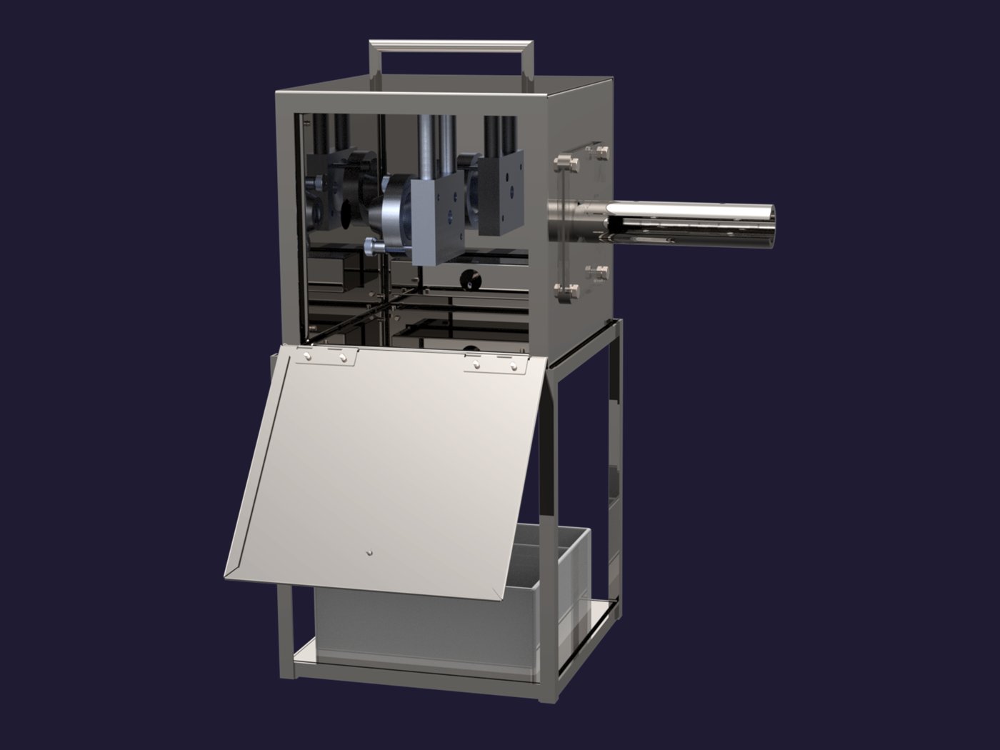 Render de la caja caliente desde otro ángulo, con el mecanismo interno a la vista.