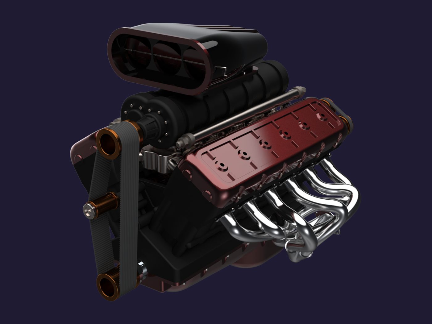 Render de un motor V12 con compresor, escapes cromados y tapas de cilindro bordó.