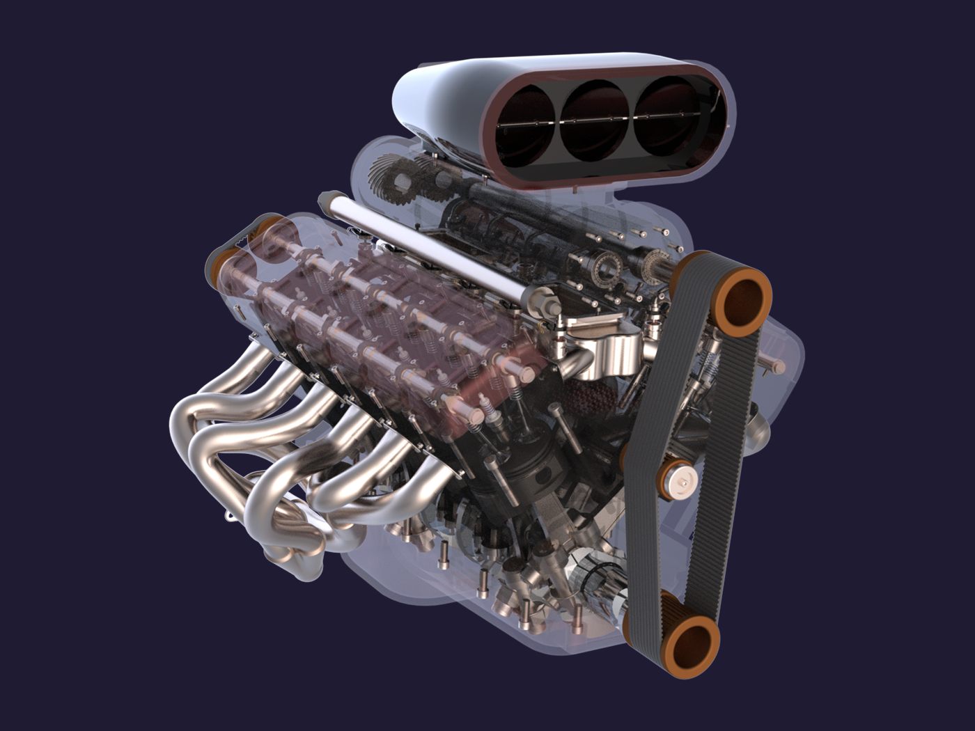 El mismo motor V12 con el bloque translúcido, que deja ver los pistones por dentro.