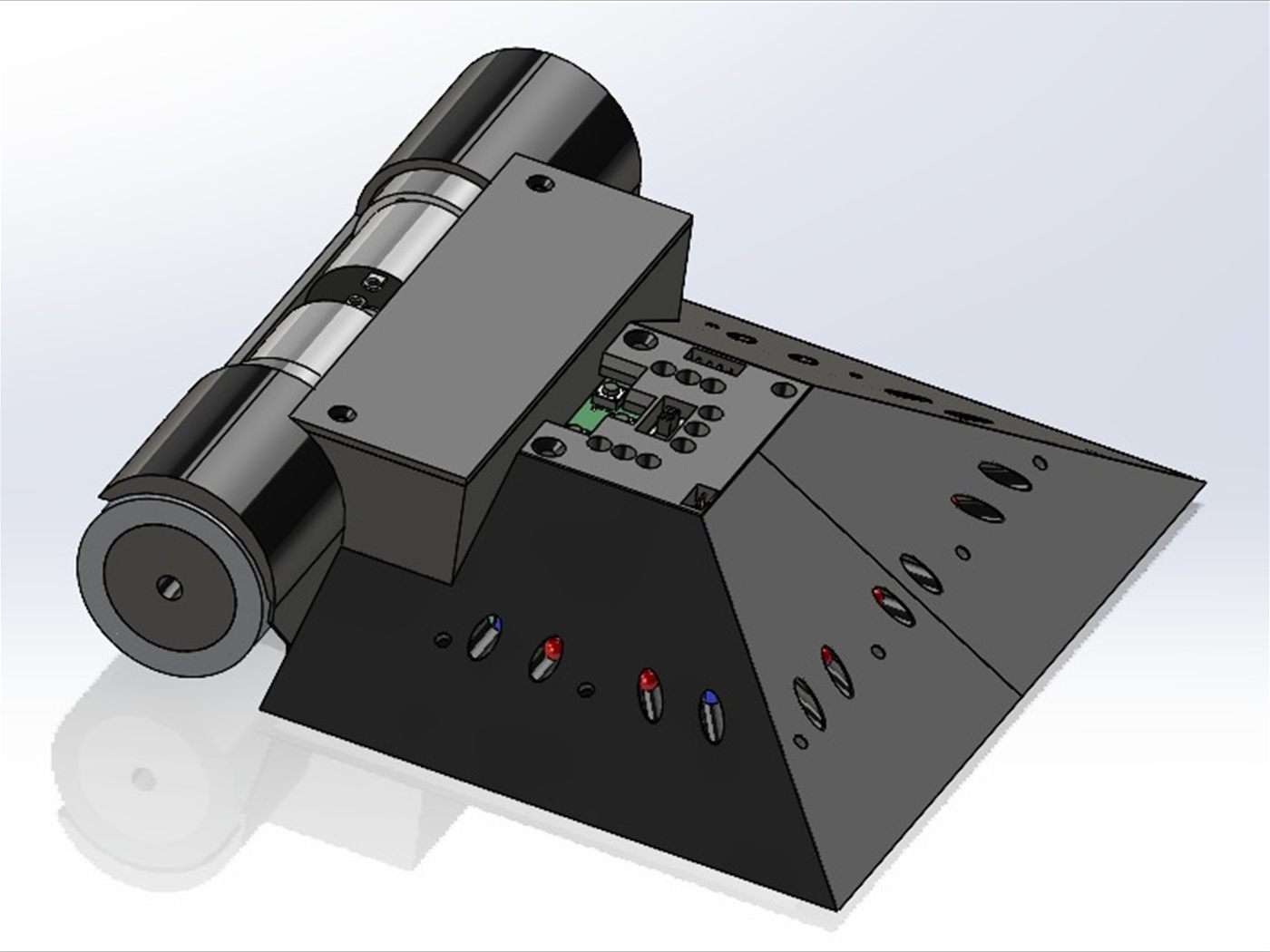Render del robot de sumo Mark VII visto desde atrás, con la rampa y los motores.