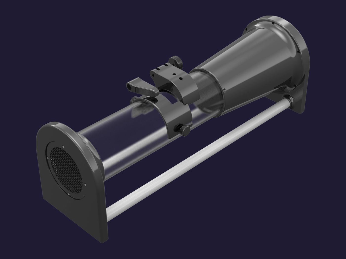 Render del túnel de viento completo, con la tobera, el tubo transparente y los tensores laterales.