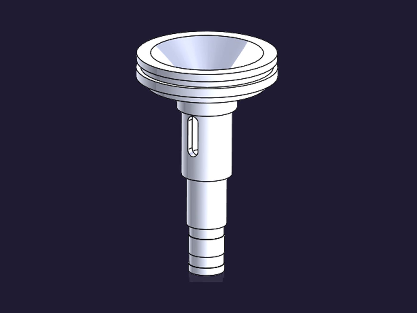 Render del ciclón de 37 mm con su embudo y el eje ranurado.