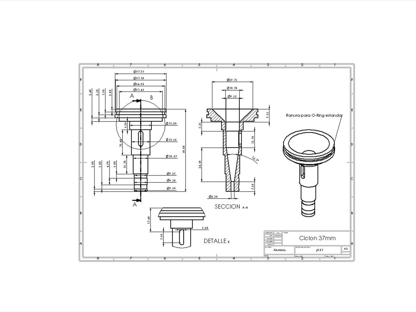 Plano técnico del ciclón de 37 mm con corte, detalle y cotas.