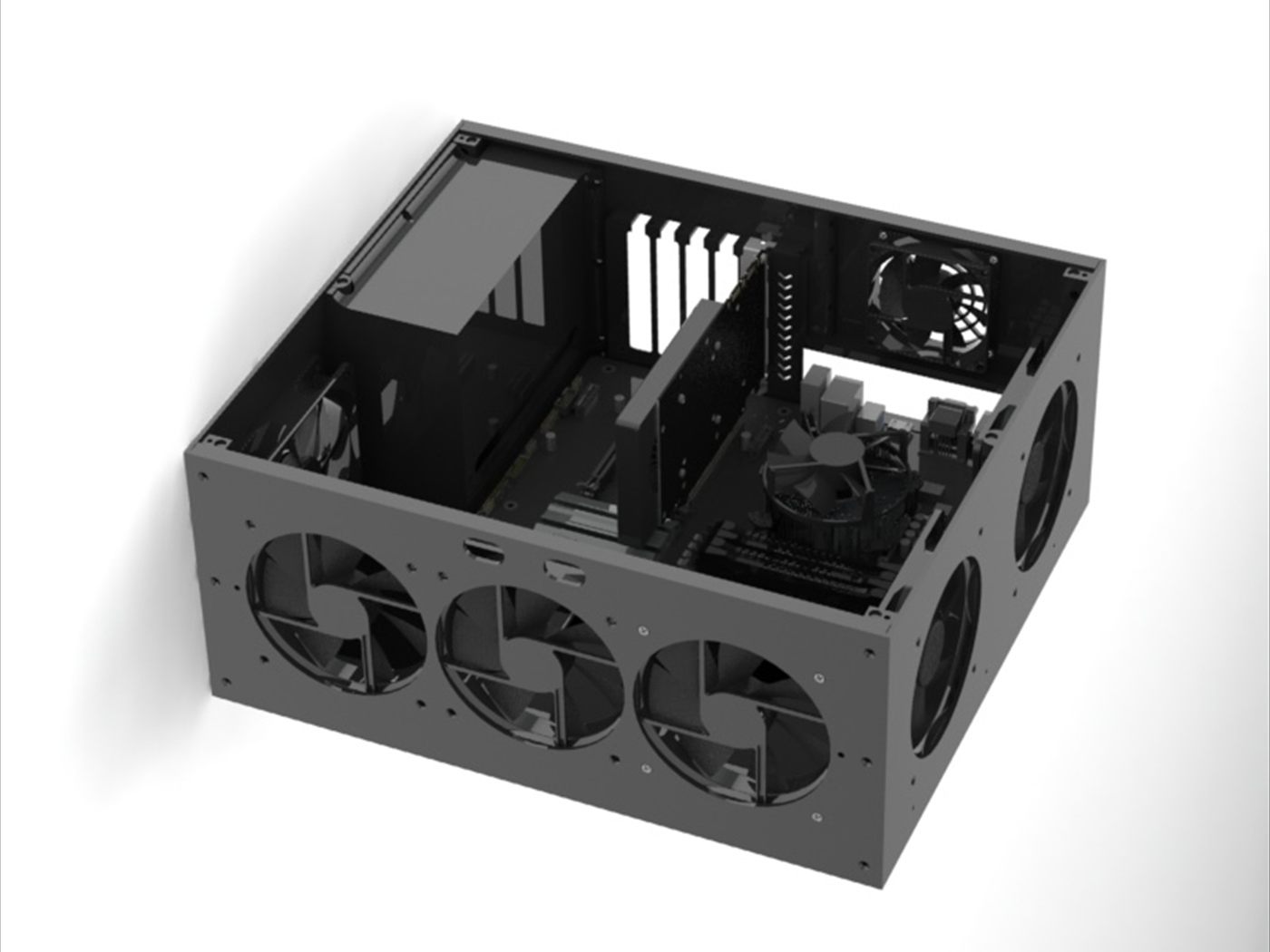 Render del gabinete de PC con el interior y los ventiladores a la vista.