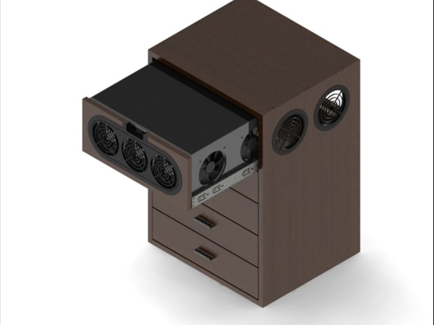 Render de la cajonera con el gabinete integrado, mostrando los ventiladores y las rejillas.