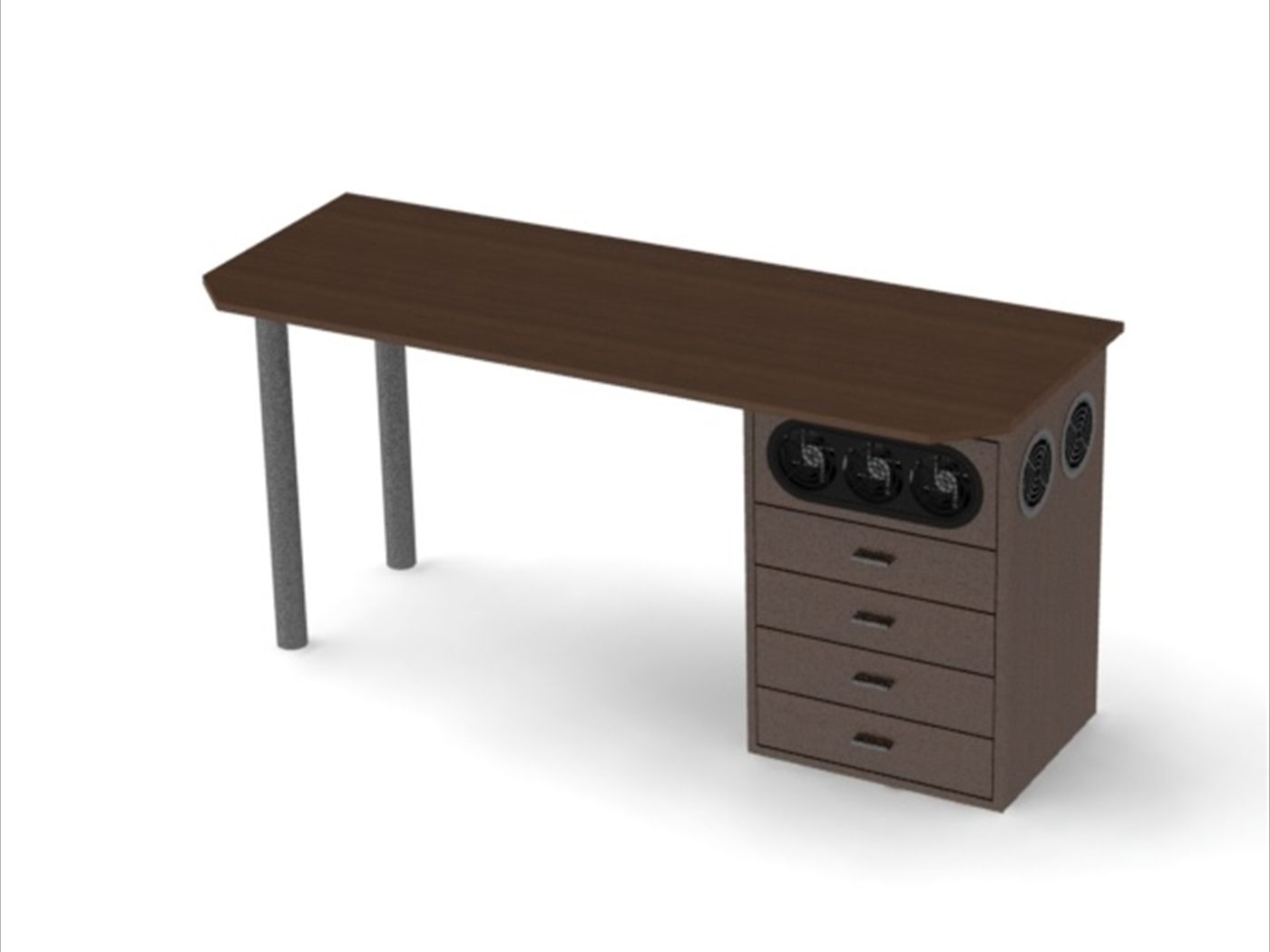 Render del escritorio completo con la cajonera-gabinete en un extremo.