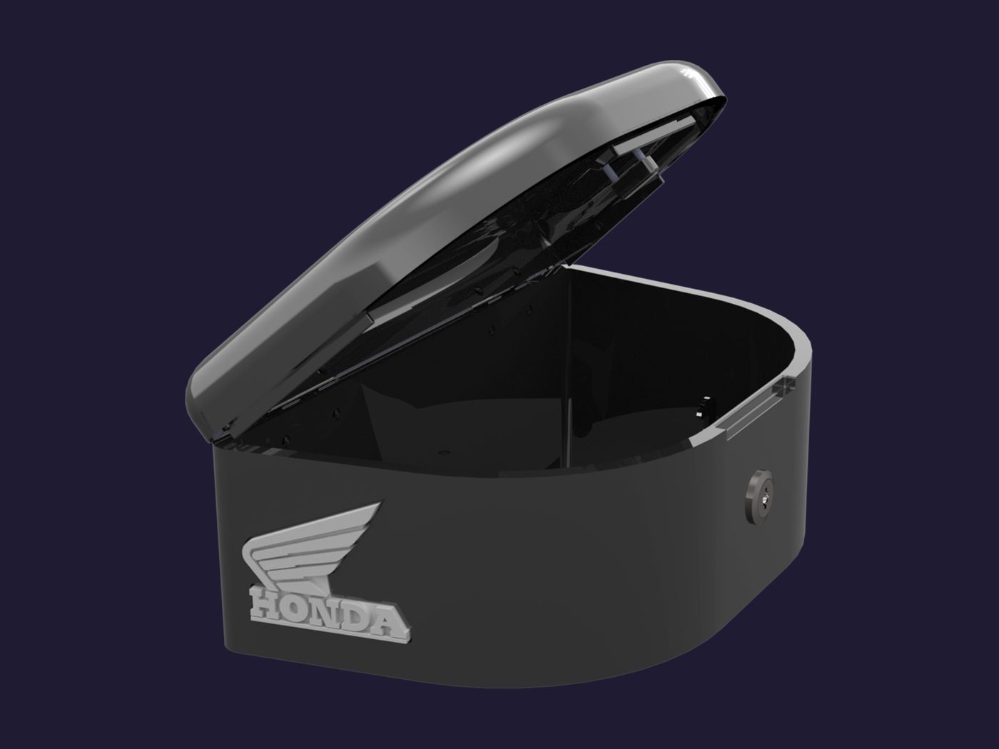 Render del baúl para la Honda GLH 150 con la tapa abierta, el ala de Honda calada en el costado y la cerradura.