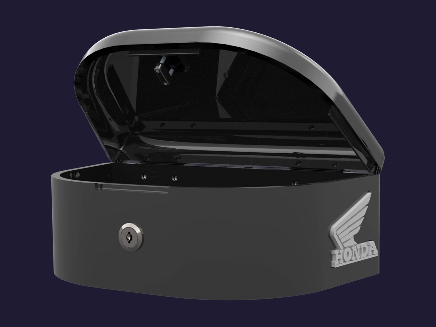 Render del baúl abierto visto de costado, con la cerradura y el logo.
