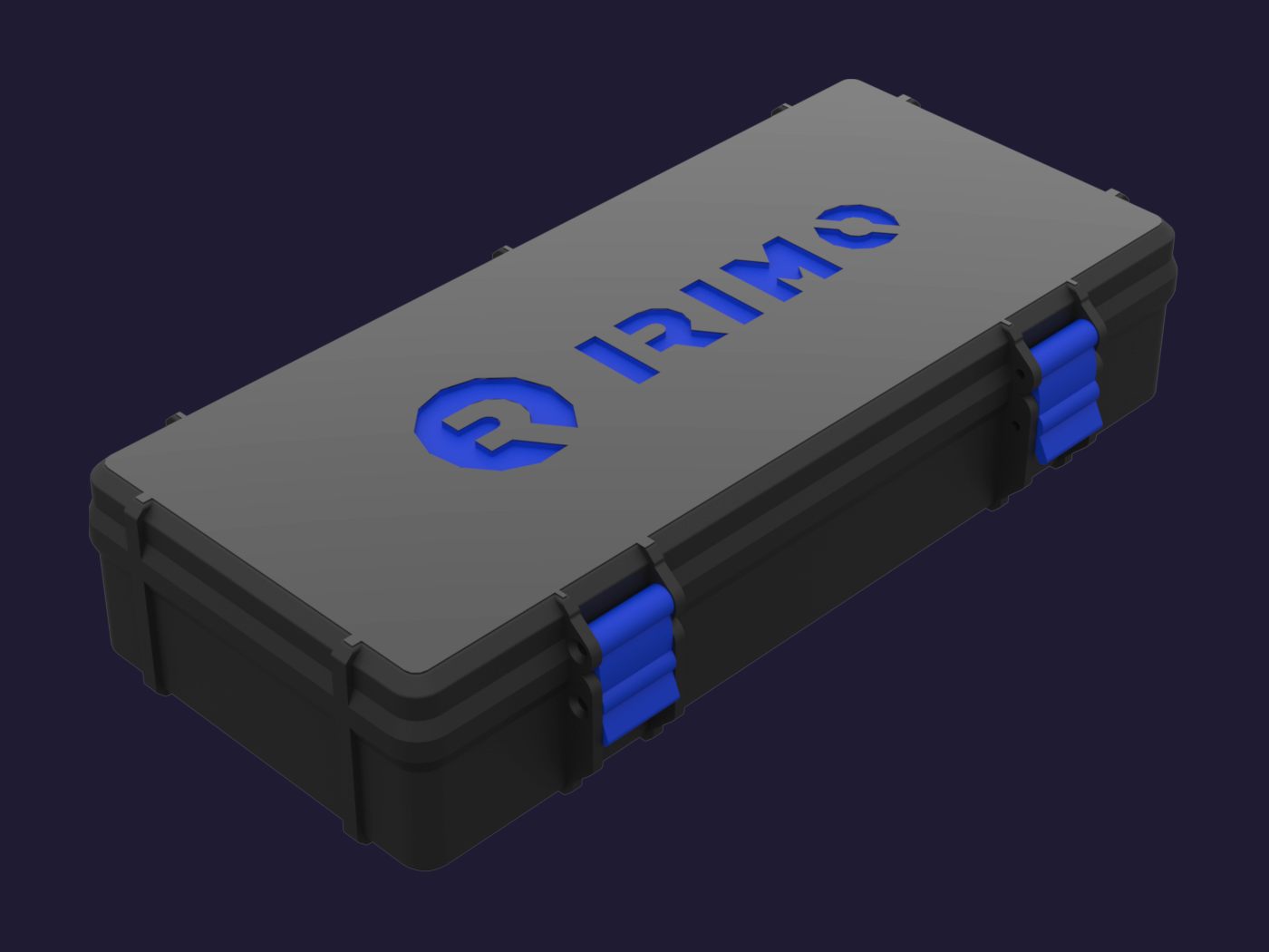Render del estuche cerrado, negro con trabas azules y la marca de las herramientas en la tapa.