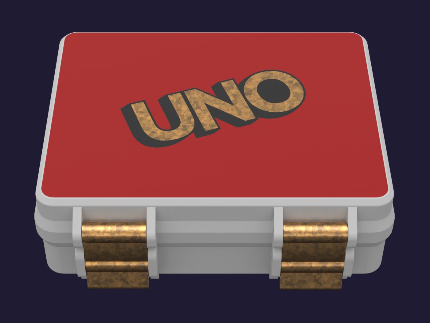 Render de la caja para dos mazos de UNO, blanca con la tapa roja y dos trabas al frente.