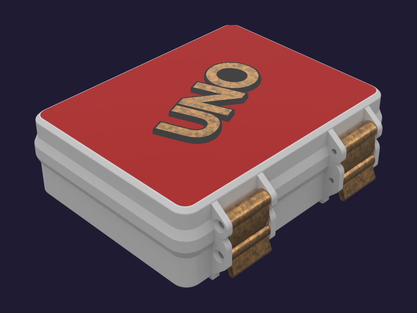 Render de la caja en ángulo, con las trabas del frente.