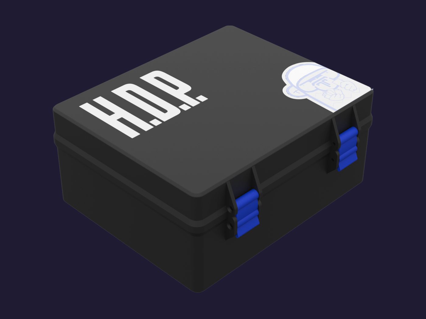Render de la caja del juego H.D.P., negra con trabas azules y el nombre en blanco sobre la tapa.