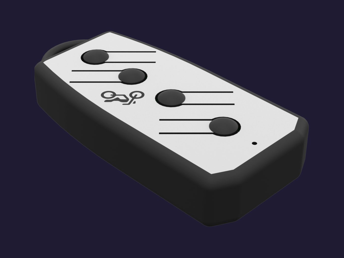 Render del control remoto de portón: carcasa negra con el frente gris claro y cuatro botones.