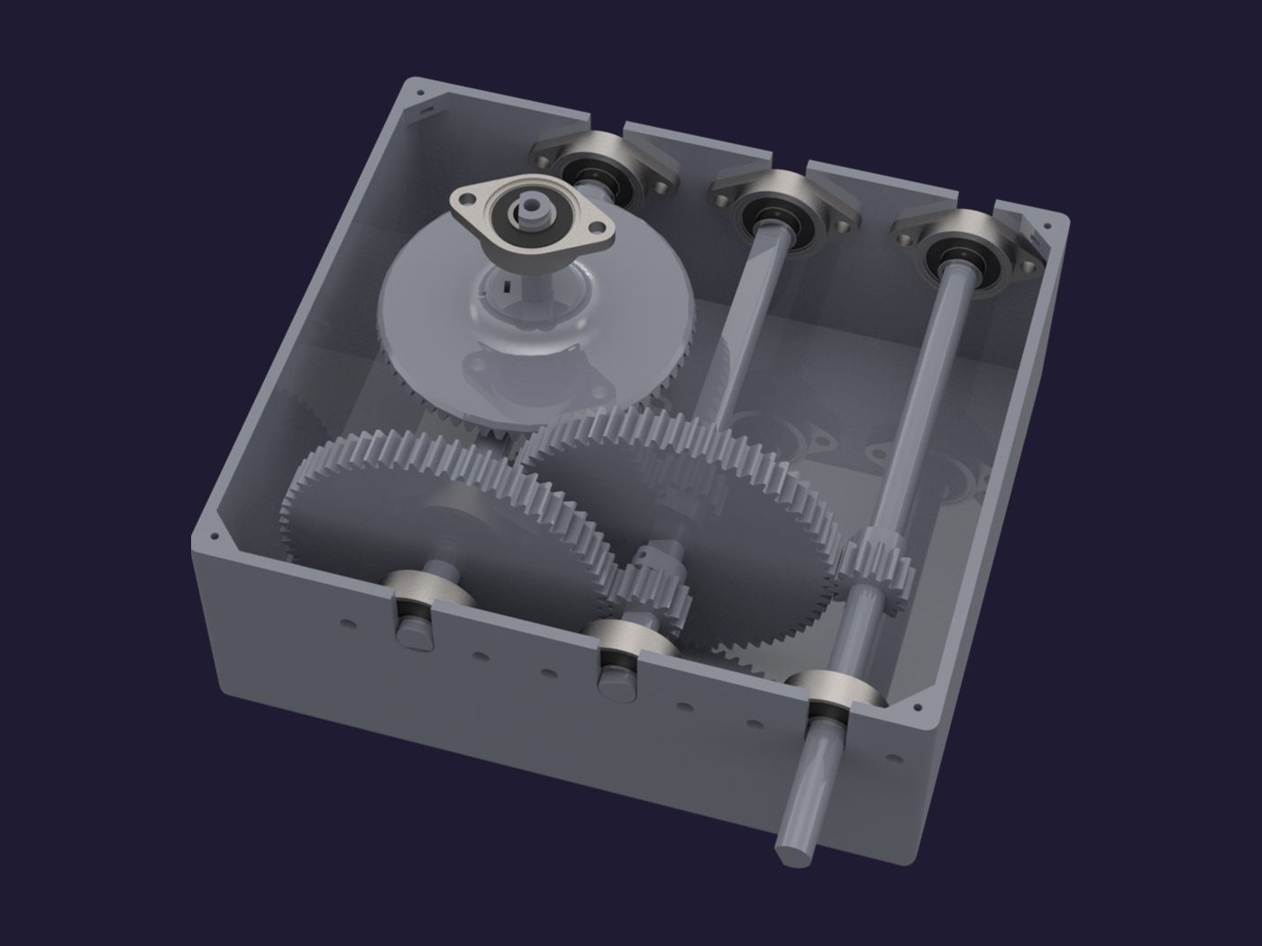 Render de la caja con la tapa transparente, que deja ver el tren de engranajes.
