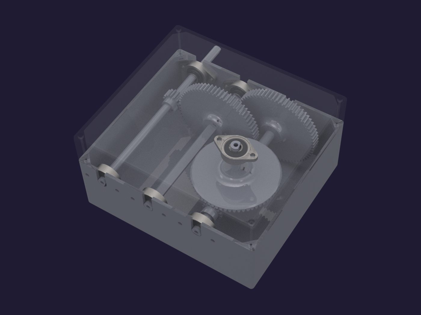 Render de la caja cerrada en ángulo, con los engranajes por dentro.