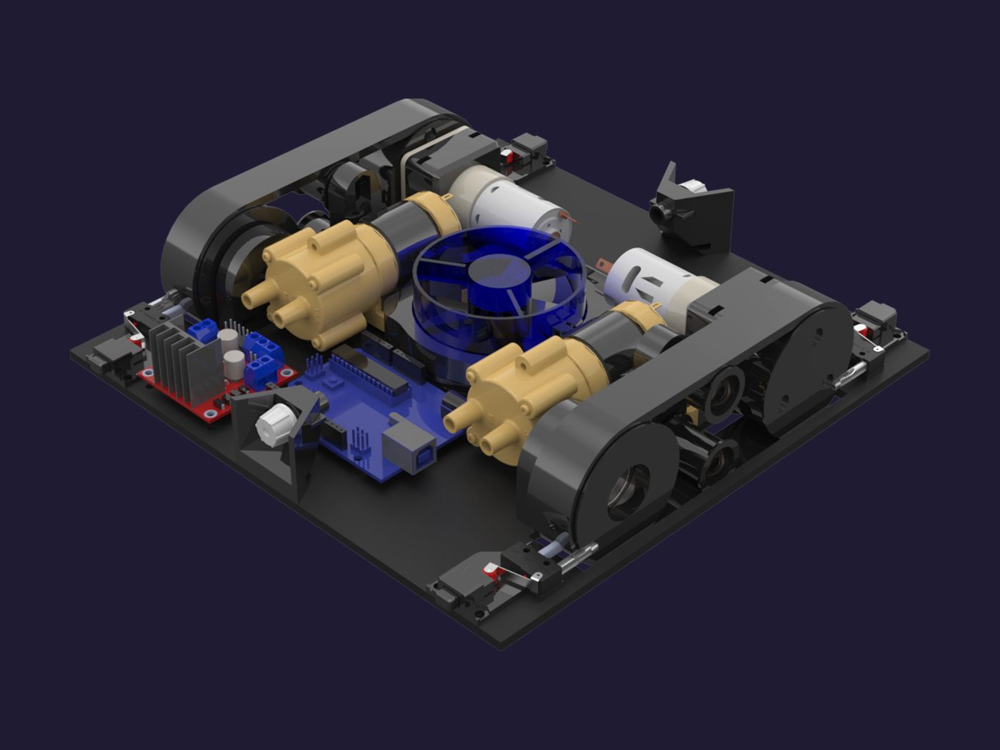Render del robot limpiavidrios por dentro: orugas, motores, bombas y el ventilador en el centro.