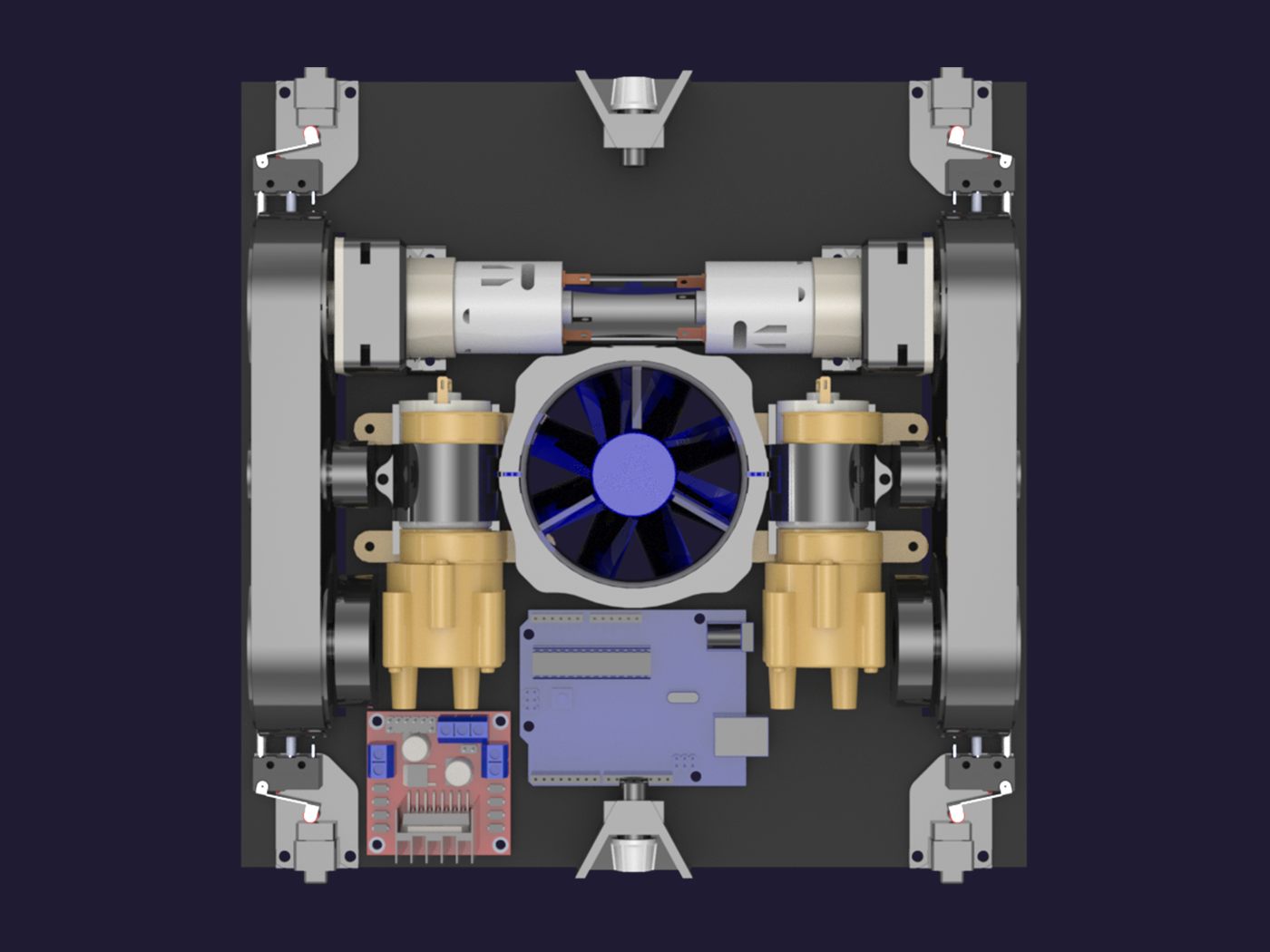 Vista superior del robot, con el ventilador en el centro y los motores a los costados.