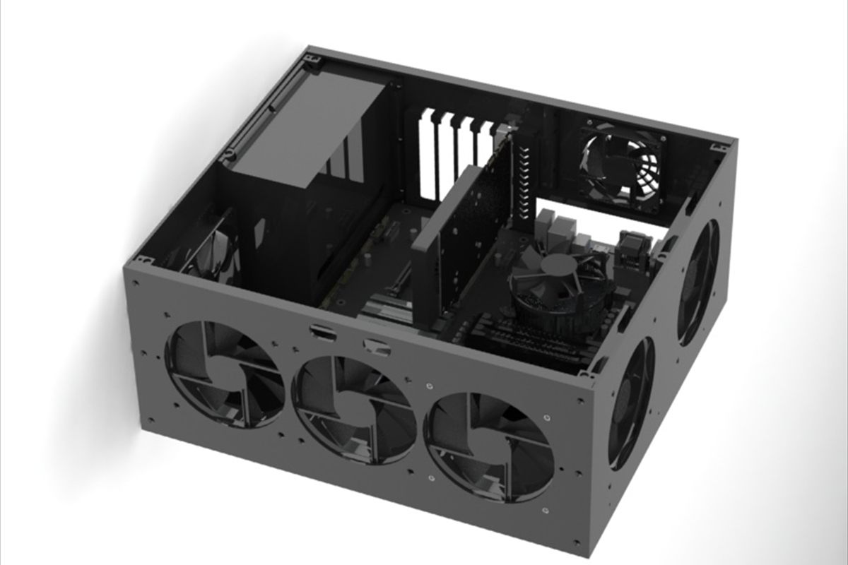 Render de un gabinete de PC diseñado a medida, con ventiladores frontales y el interior a la vista.