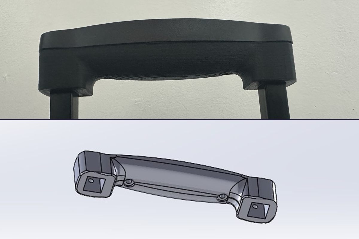 Arriba, la manija de una valija reconstruida e impresa en 3D; abajo, su modelo CAD.