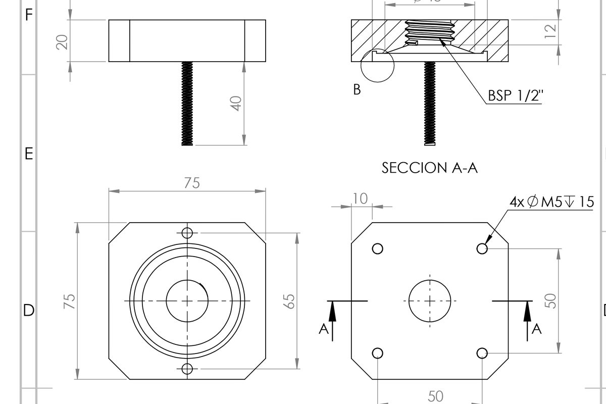 Plano técnico de un soporte rectangular, con vistas acotadas y un corte A-A.